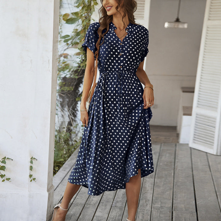 Women's Polka Dot Midi Dress for Summer in Dark Blue