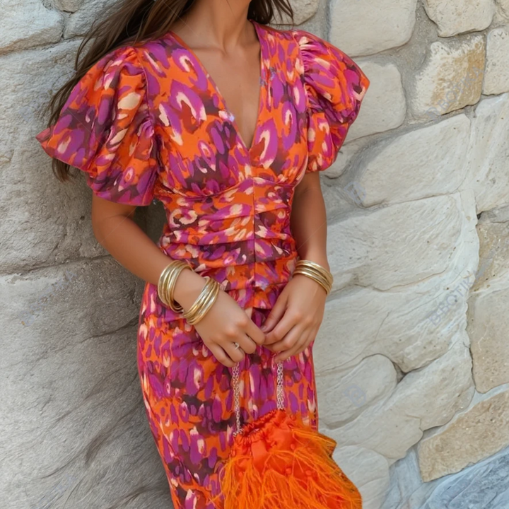 Women's Puff-Sleeve Cocktail Dress for Summer Weddings in Orange