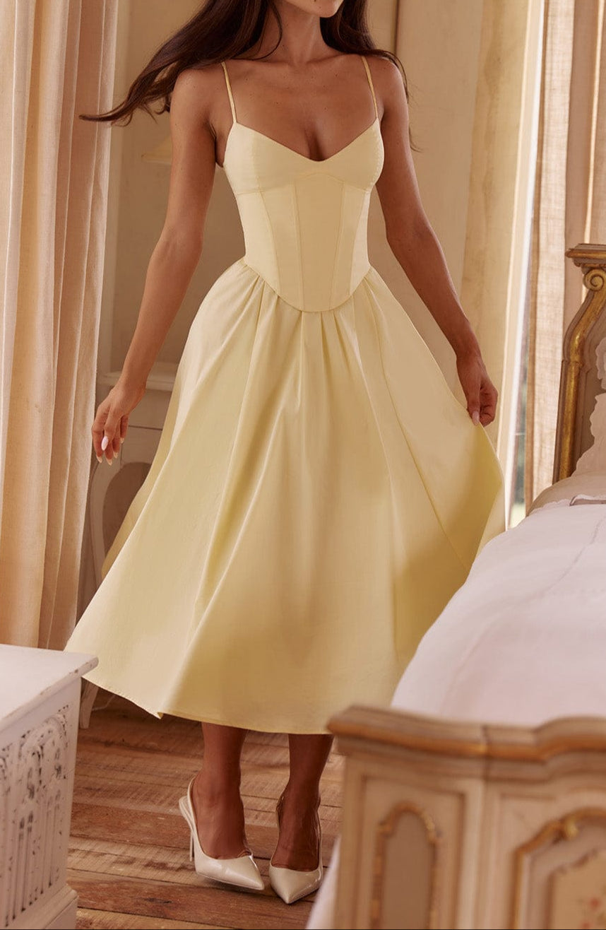 Women's Race Day A-Line Corset Midi Dress in Yellow