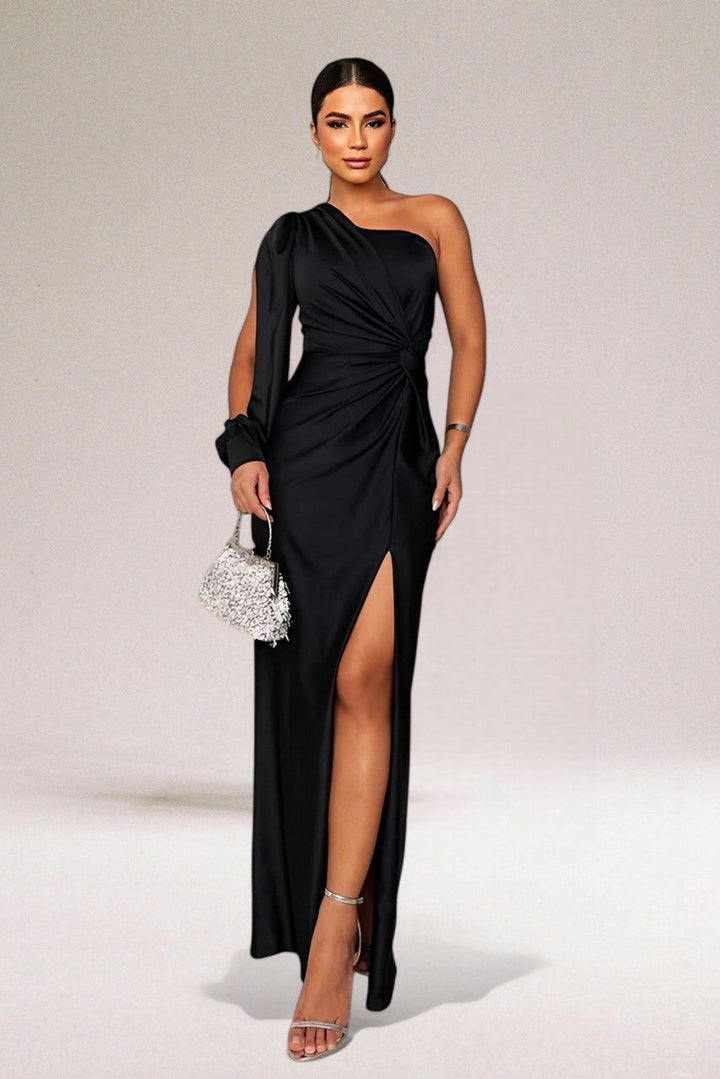 Women's Race Day Dress with Asymmetric Neckline & Thigh Slit | Maxi Gown in Black