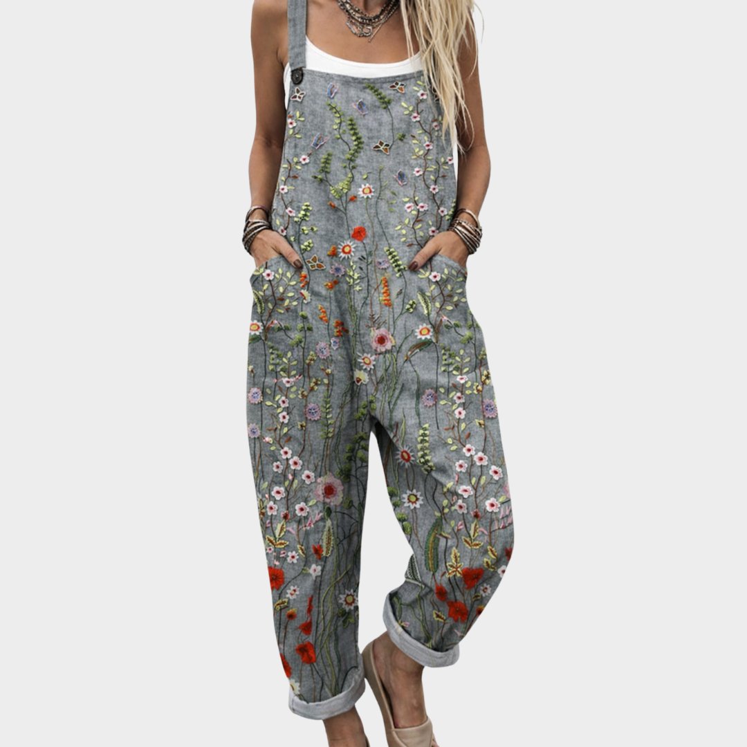Women's Relaxed Floral Linen Jumpsuit in Grau / Blumen