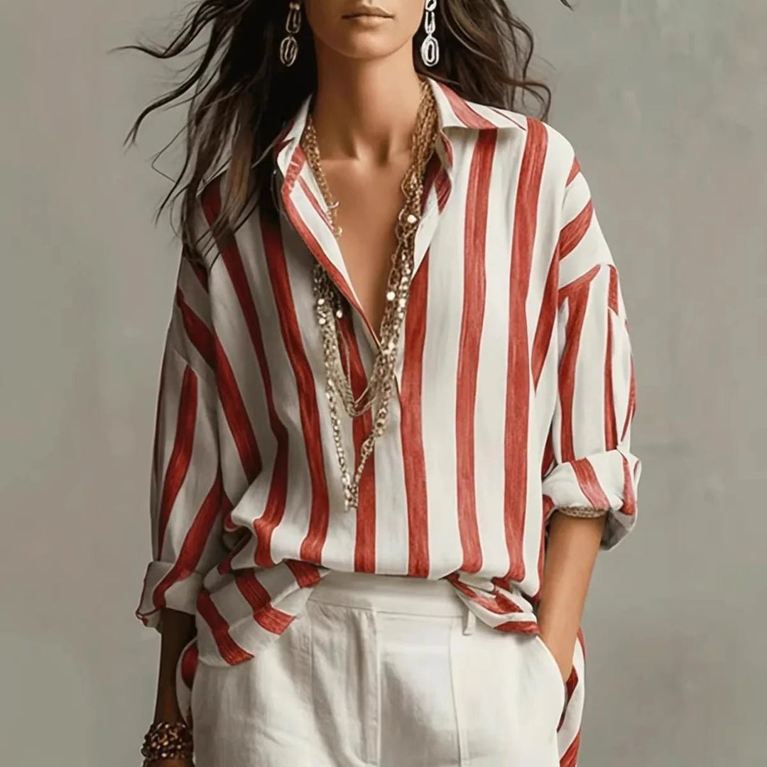 Women's Relaxed Linen Longsleeve Blouse in Red