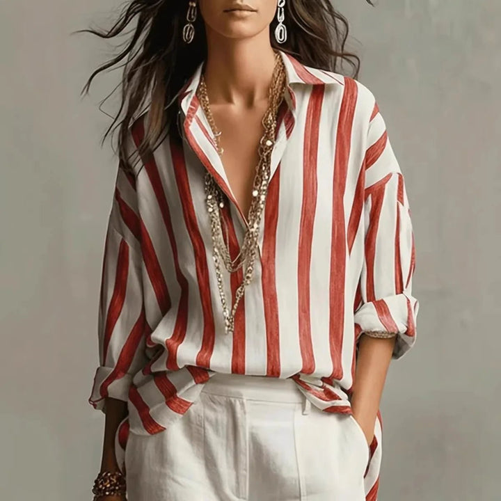 Women's Relaxed Linen Longsleeve Blouse in Red