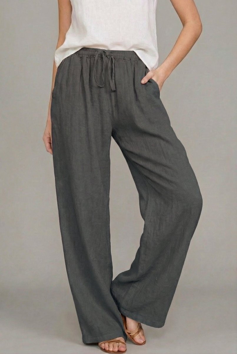 Women's Relaxed Linen Pants Adjustable Drawstring in Dark Grey