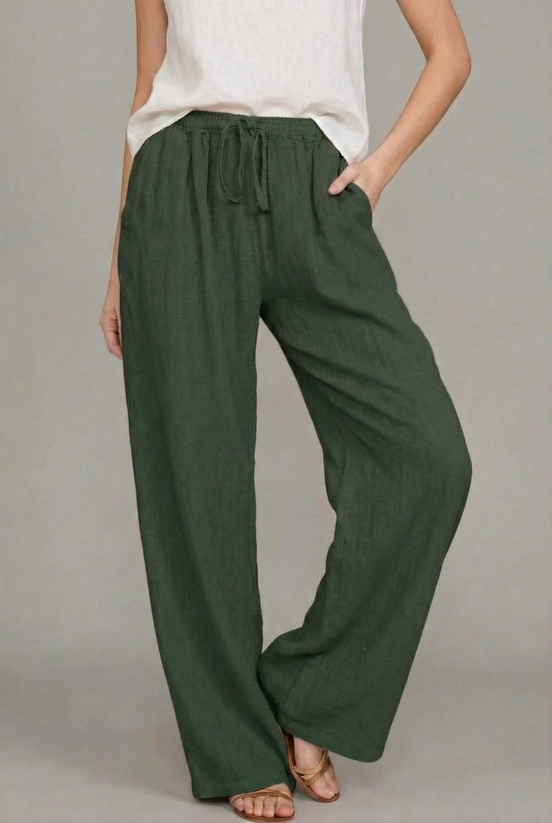Women's Relaxed Linen Pants Adjustable Drawstring in Green