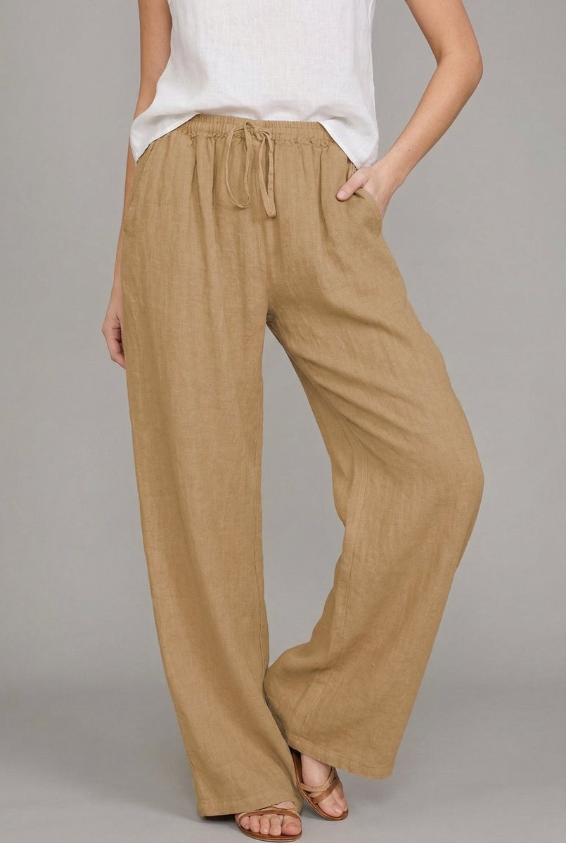 Women's Relaxed Linen Pants Adjustable Drawstring in Khaki