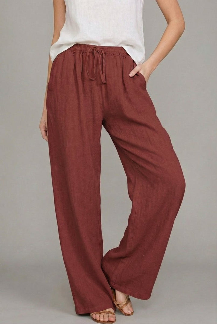 Women's Relaxed Linen Pants Adjustable Drawstring in Wine Red