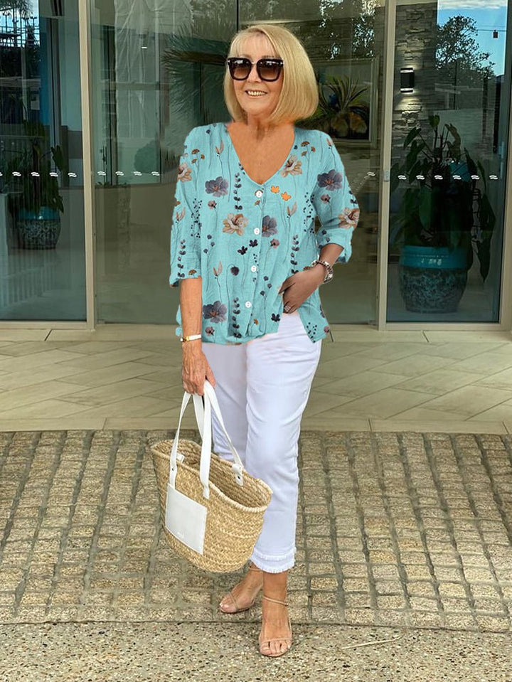 Women's Relaxed V-Neck Blouse in Blue