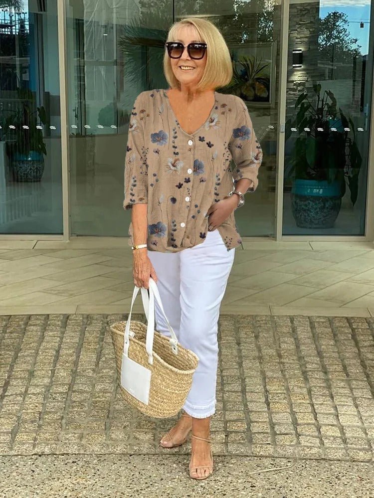 Women's Relaxed V-Neck Blouse in Khaki