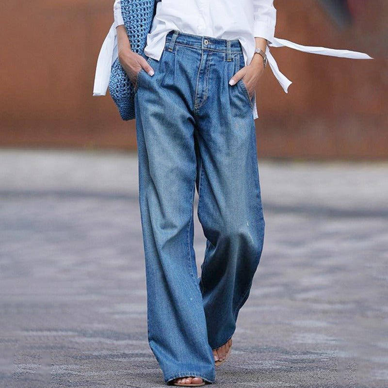 Women's Retro High-Waisted Wide-Leg Jeans in Blue 1