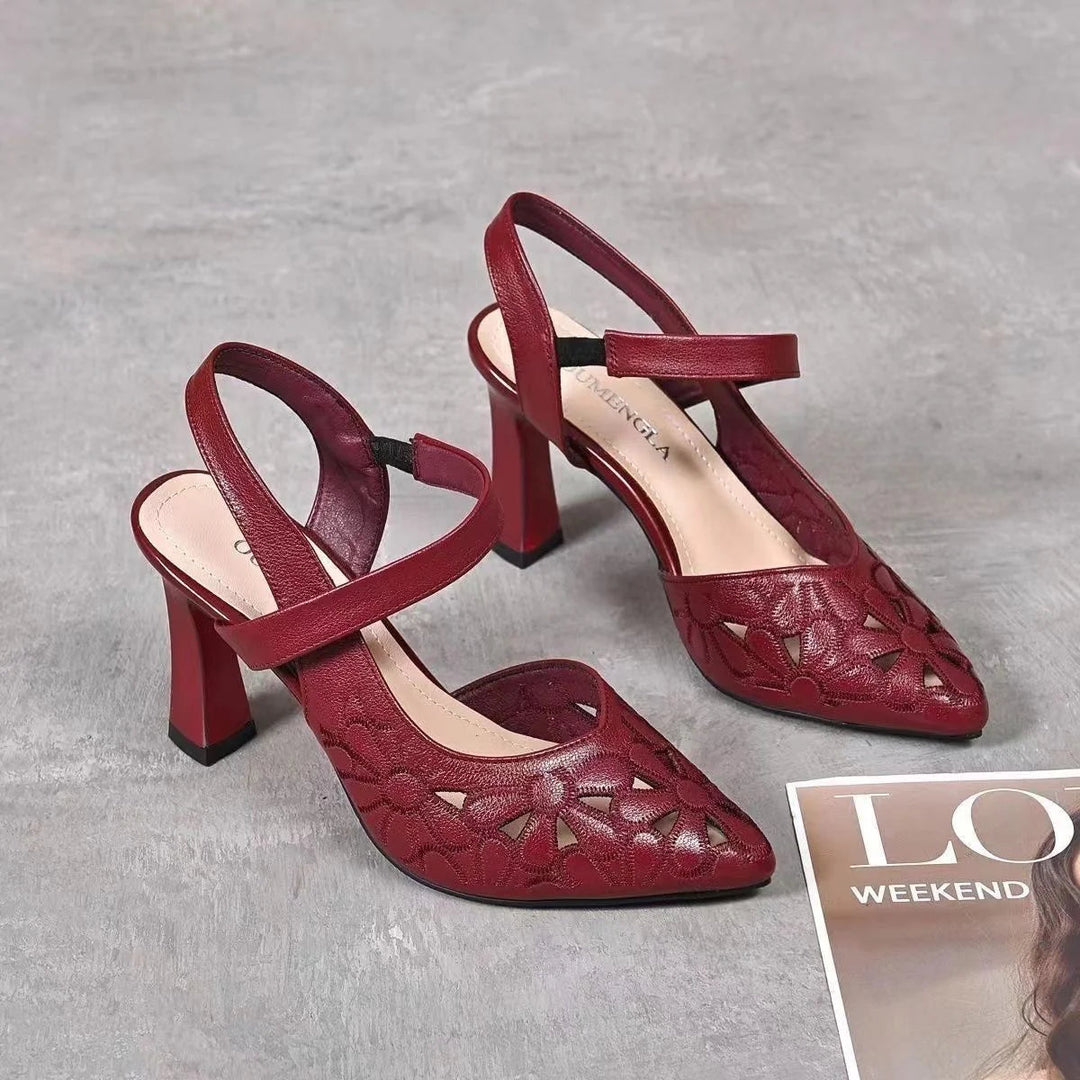 Women's Retro Italian Leather Orthopedic Heels in Red