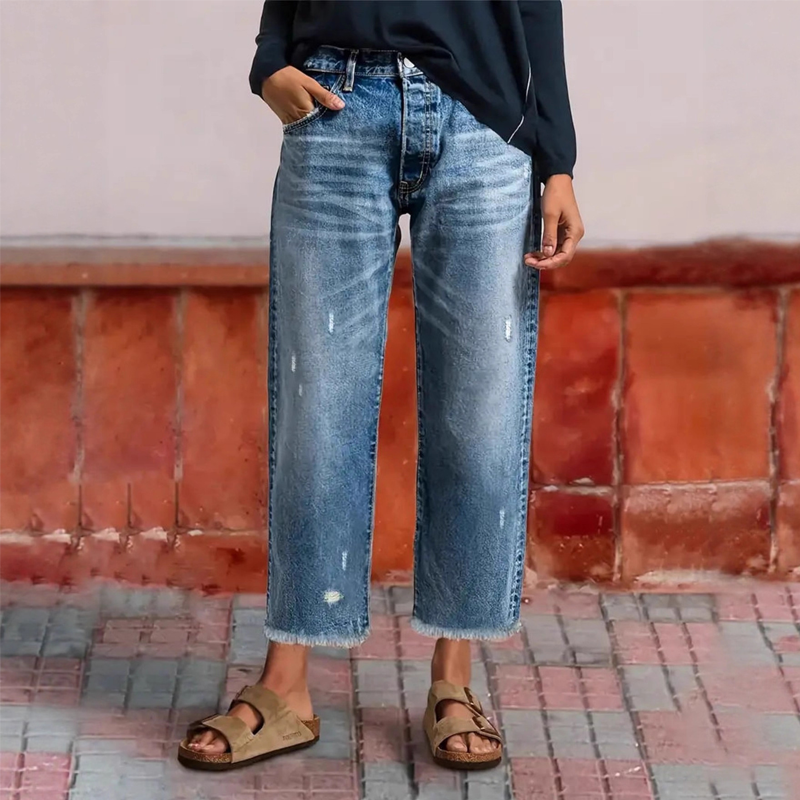 Women's Retro Short Straight Jeans in Klassisches Blau