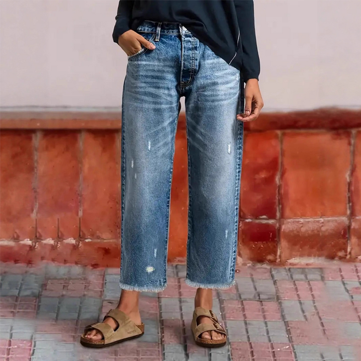 Women's Retro Short Straight Jeans in Klassisches Blau