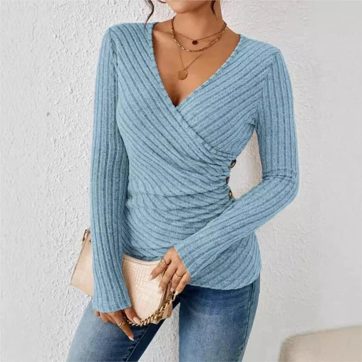 Women's Ribbed Long Sleeve Top | Wrap in Blue
