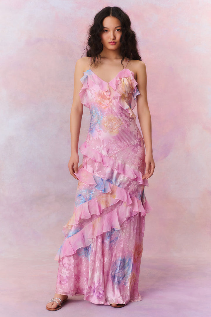 Women's Romantic Tiered Maxi Dress for Wedding Guests in Pink
