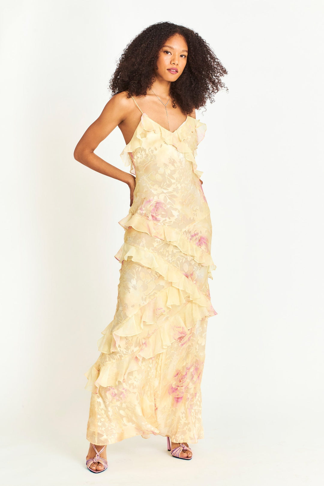 Women's Romantic Tiered Maxi Dress for Wedding Guests in Yellow