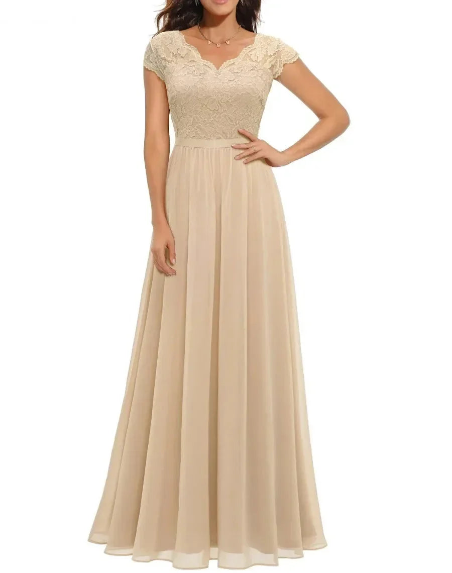 Women's Romantic V-Neck Maxi Dress for Wedding Guests in Beige