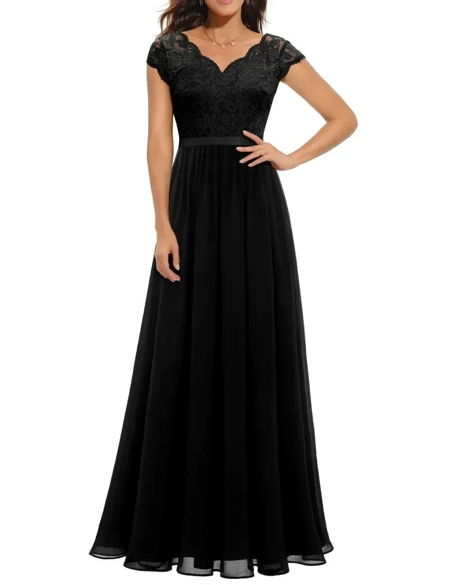 Women's Romantic V-Neck Maxi Dress for Wedding Guests in Black