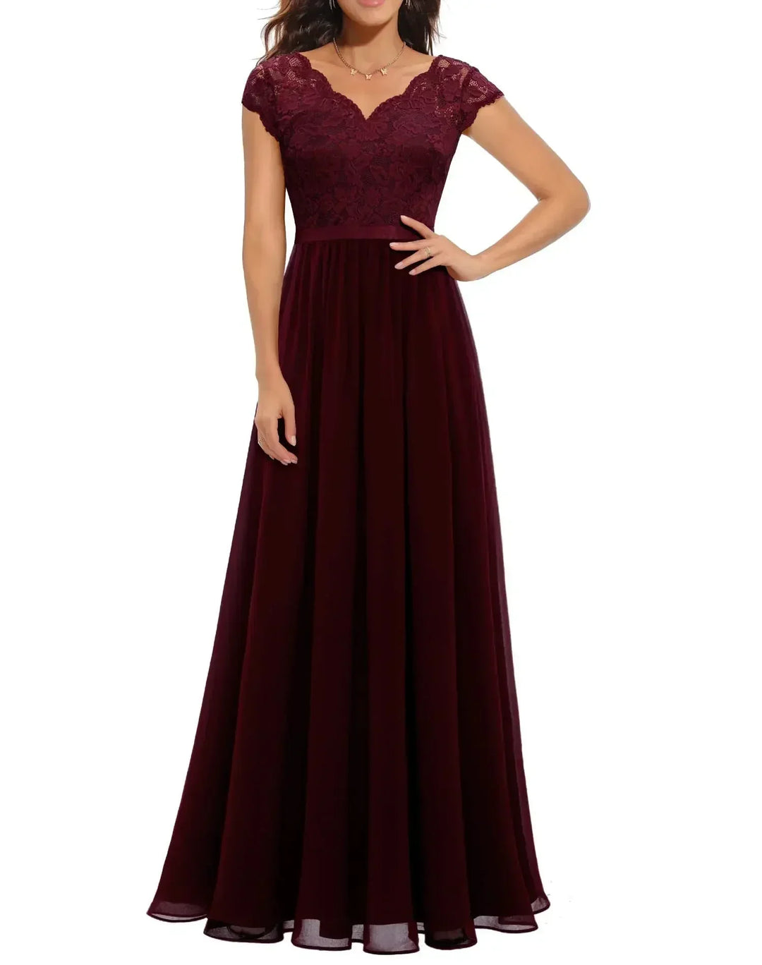Women's Romantic V-Neck Maxi Dress for Wedding Guests in Burgundy