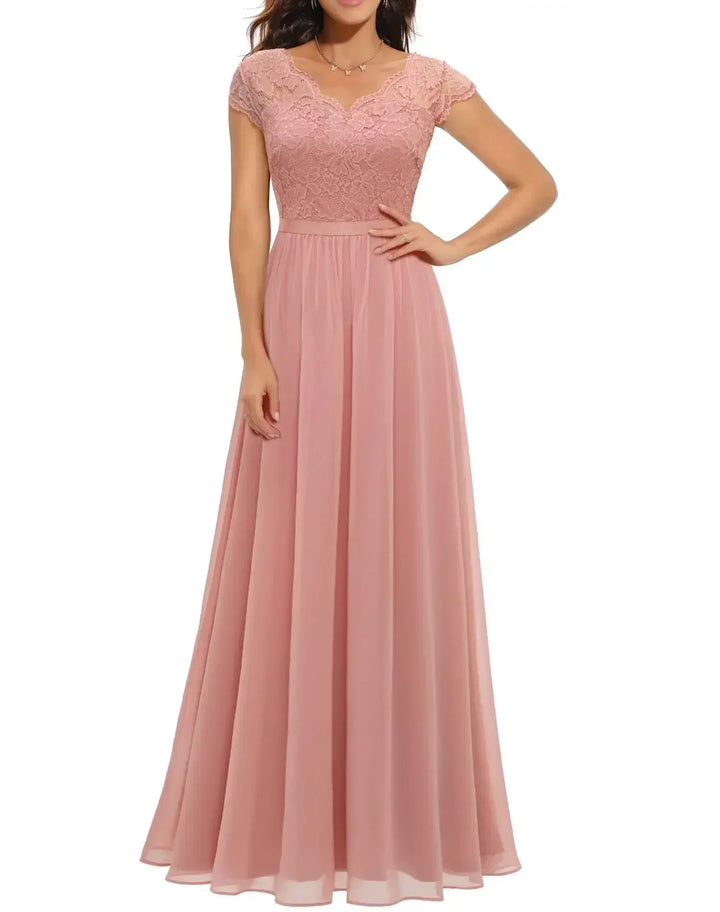 Women's Romantic V-Neck Maxi Dress for Wedding Guests in Pink
