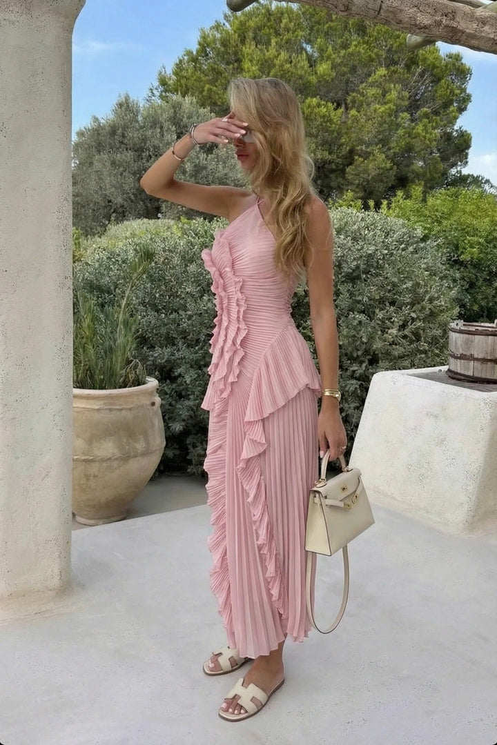 Women's Ruffle Maxi Dress for Summer Wedding Guest in Pink 4