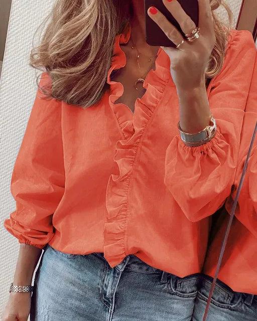 Women's Ruffled Blouse for Summer Days in Orange