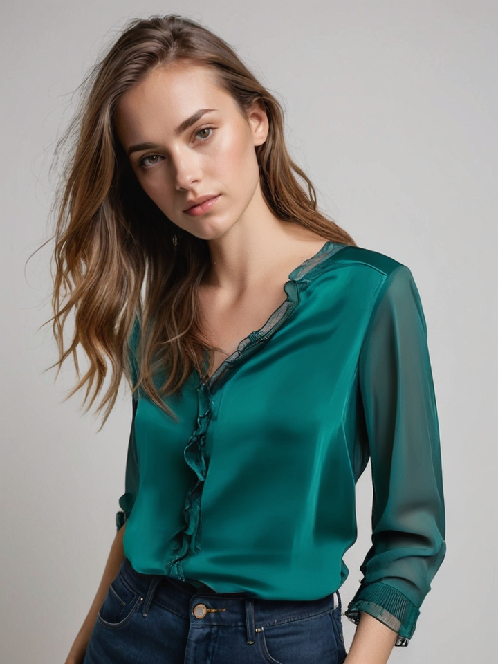 Women's Ruffled Long Sleeve Blouse for Summer in Dark Green