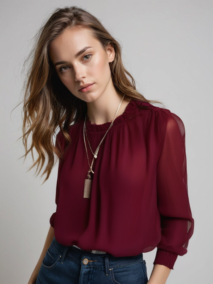 Women's Ruffled Long Sleeve Blouse for Summer in Dark Red