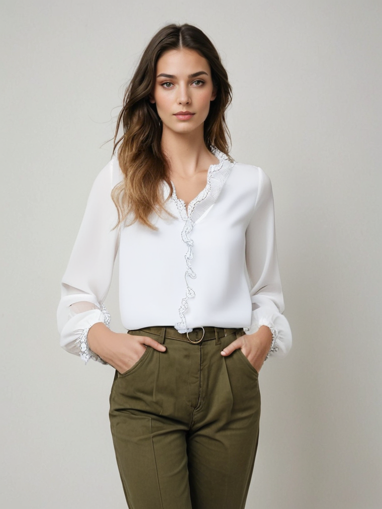 Women's Ruffled Long Sleeve Blouse for Summer in White