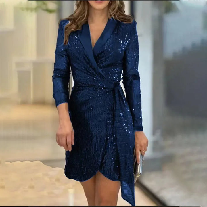 Women's Sequin Cocktail Dress Wrapped | Mini Evening in Blue