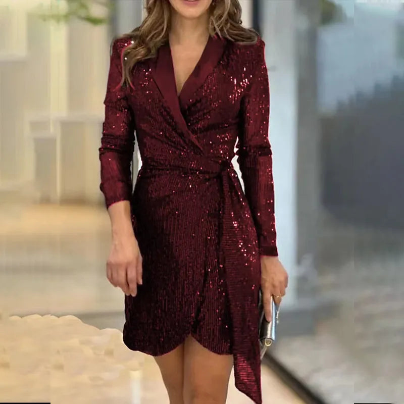 Women's Sequin Cocktail Dress Wrapped | Mini Evening in Red