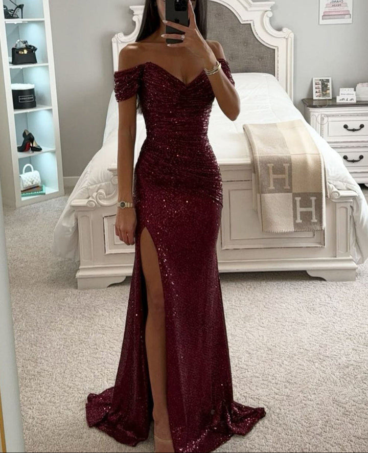 Women's Sequined Heart Neckline Maxi Dress for Wedding Guests in Wine