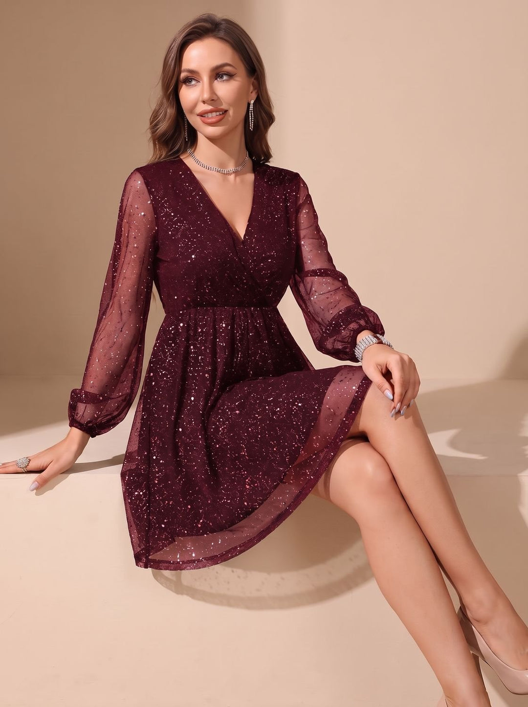 Women's Sheer Glitter Mini Cocktail Dress (5)