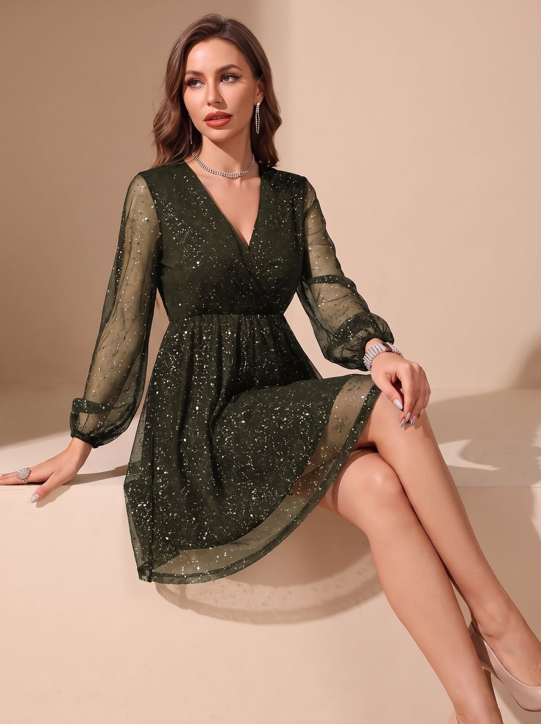 Women's Sheer Glitter Mini Cocktail Dress (6)