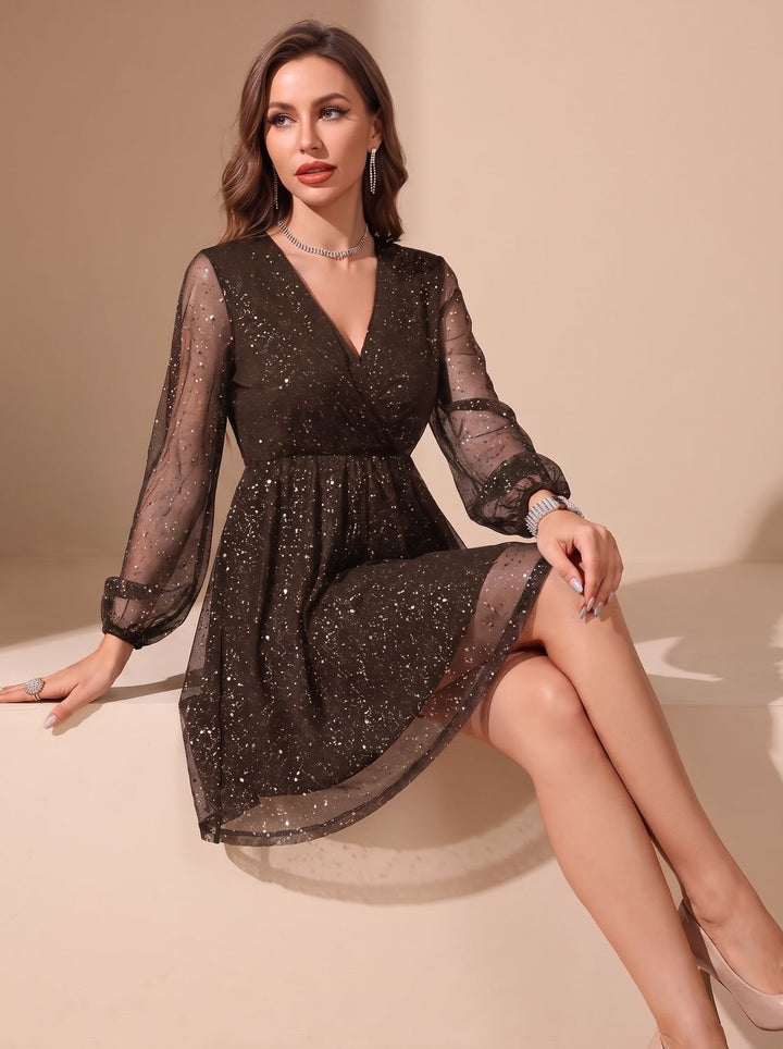Women's Sheer Glitter Mini Cocktail Dress in Brown