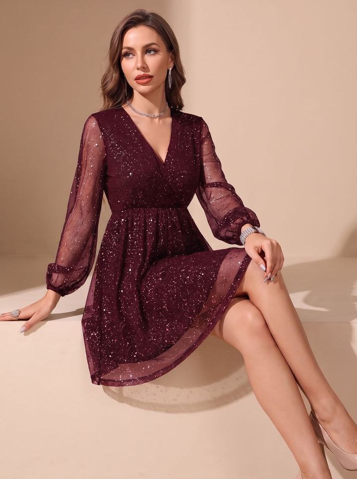 Women's Sheer Glitter Mini Cocktail Dress in Wine Red