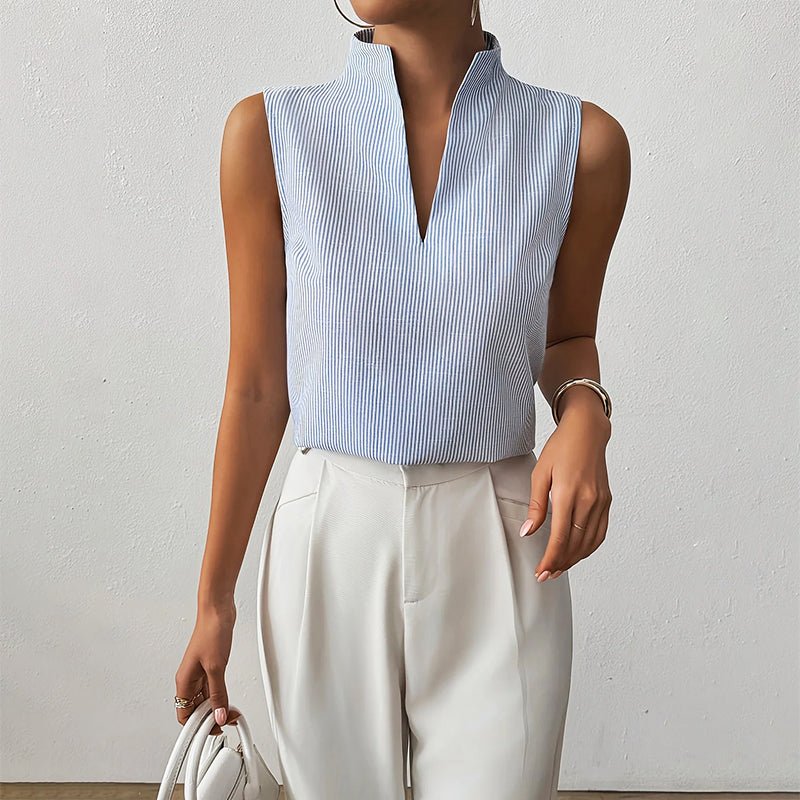 Women's Sleeveless Striped Blouse for Work in Blue