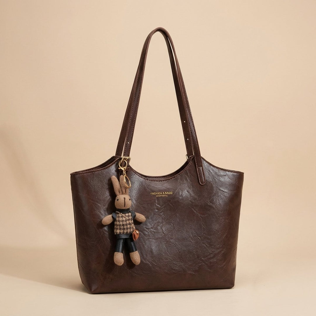 Women's Soft Vegan Leather Shoulder Bag with Bunny Charm in Black