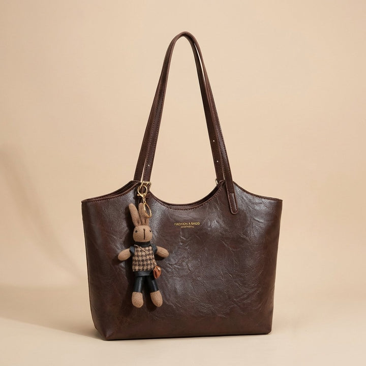 Women's Soft Vegan Leather Shoulder Bag with Bunny Charm in Black