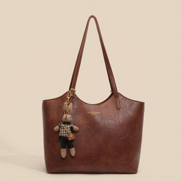 Women's Soft Vegan Leather Shoulder Bag with Bunny Charm in Dark Brown