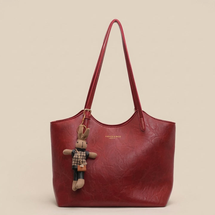 Women's Soft Vegan Leather Shoulder Bag with Bunny Charm in Red