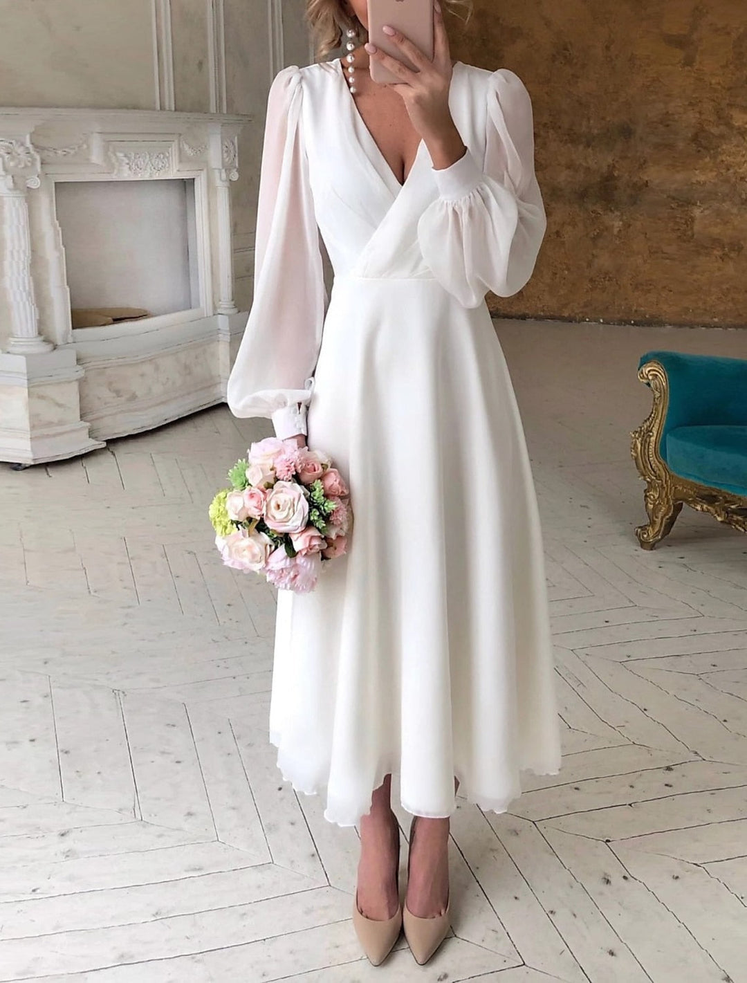 Women's Sophisticated Midi Wedding Guest Dress in White