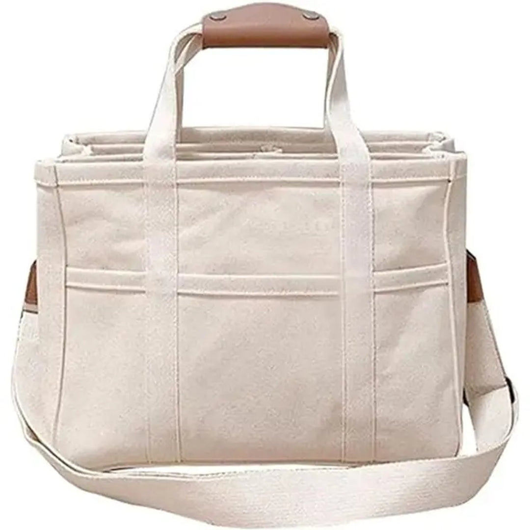 Women's Spacious Canvas Bag with Leather Trim in Beige