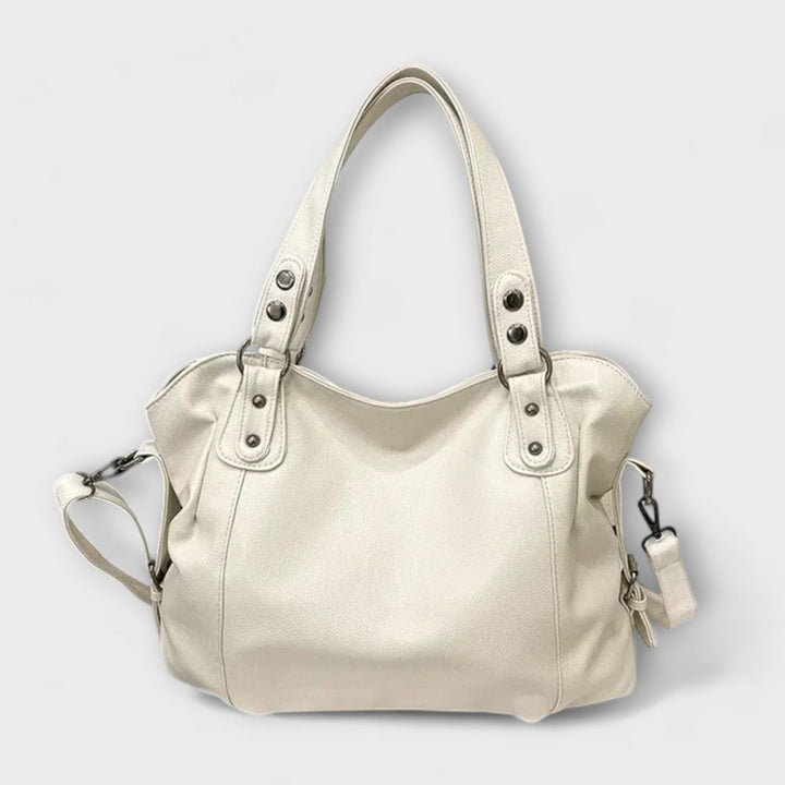 Women's Spacious Structured Leather Tote Bag with Strap in Beige