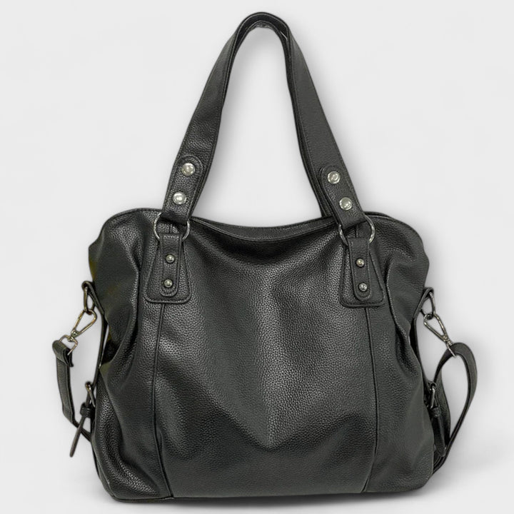 Women's Spacious Structured Leather Tote Bag with Strap in Black
