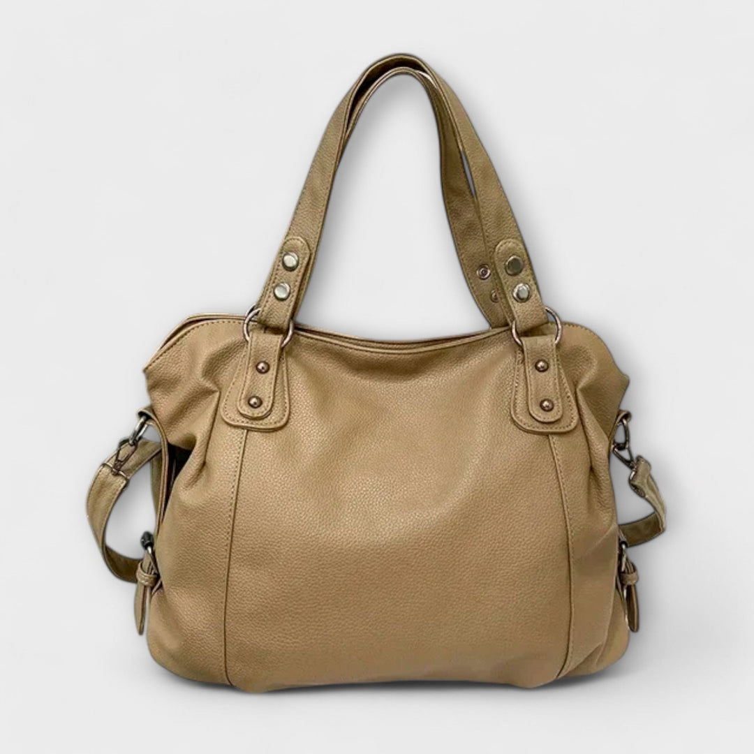 Women's Spacious Structured Leather Tote Bag with Strap in Khaki