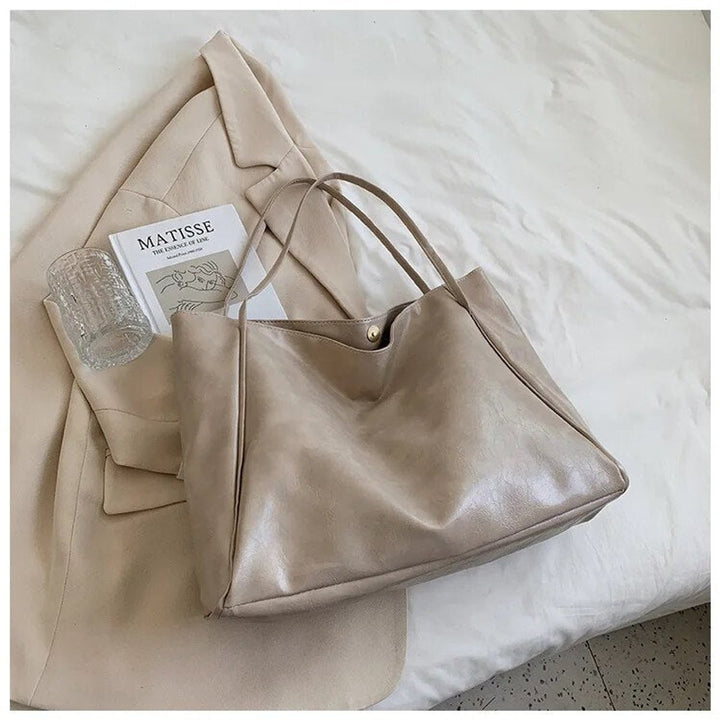 Women's Spacious Structured PU Leather Tote Bag in Beige
