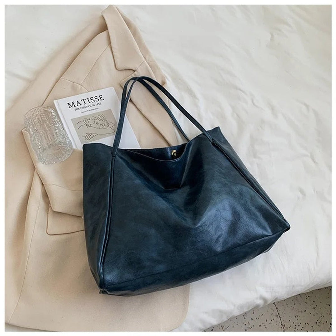 Women's Spacious Structured PU Leather Tote Bag in Blue