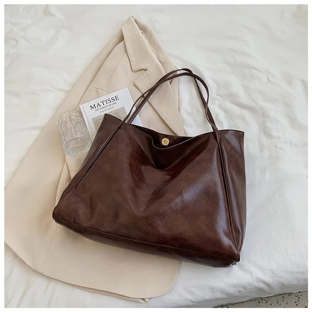 Women's Spacious Structured PU Leather Tote Bag in Kaffee