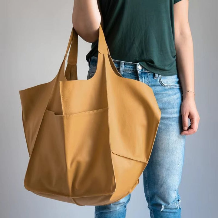Women's Spacious Structured Vegan Leather Tote Bag in Mustard